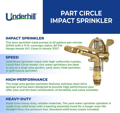 Rotating Brass Impact Sprinkler Head 360 Degree for Large Area, Lawn, Garden, Commercial Irrigation, 1-Inch Full Circle, 71-Foot, SI100F