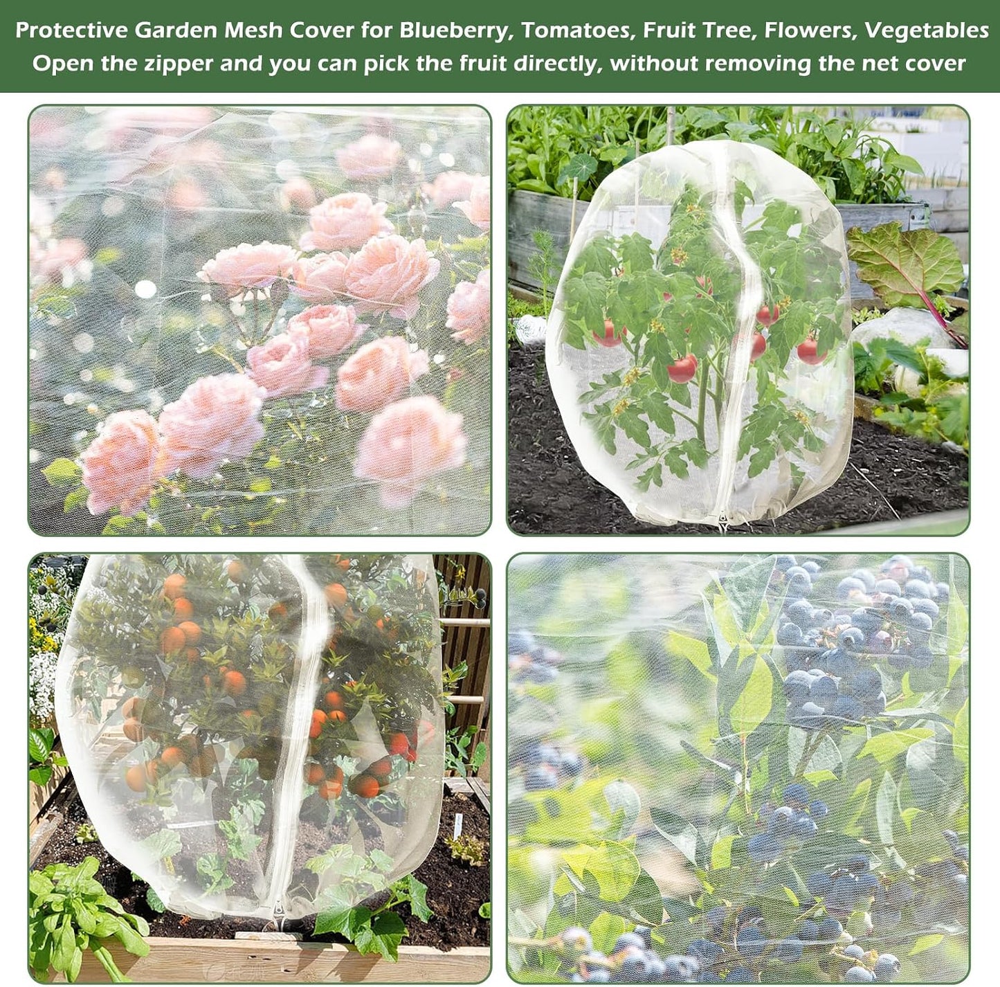 3Pcs Plant Covers from Insects, Bird Netting Barrier for Blueberry Bushes with Drawstring Zipper Mesh Garden Netting Fruit Tree Bags Plants Net Cage for Protect Tomato Vegetable Citrus, 3.3×5Ft