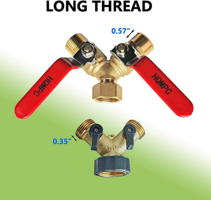 Garden Hose Y Valve Splitter Brass Hose Splitter With Stainless Steel Long Handle Brass Garden Hose Adapter 2 Way Y Valve 3/4" GHT Thread 2pcs