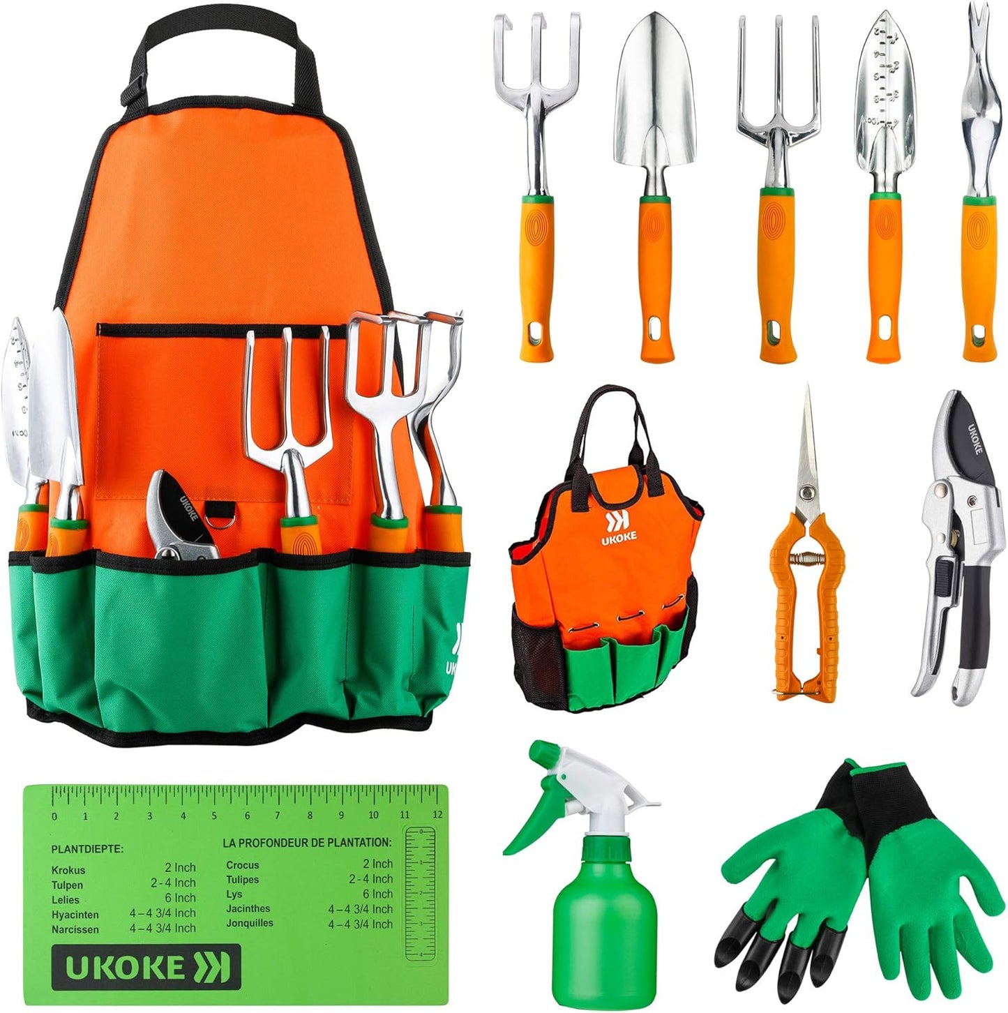 Garden Tool Set, 12 Piece Aluminum Hand Tool Kit, Garden Canvas Apron with Storage Pocket, Outdoor Tool, Heavy Duty Gardening Work Set with Ergonomic Handle, Gardening Tools for women men