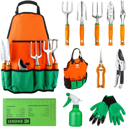 Garden Tool Set, 12 Piece Aluminum Hand Tool Kit, Garden Canvas Apron with Storage Pocket, Outdoor Tool, Heavy Duty Gardening Work Set with Ergonomic Handle, Gardening Tools for women men