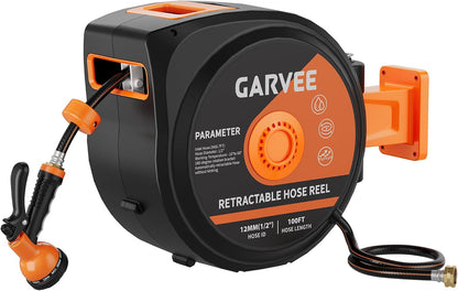 1/2 in x 72 ft Retractable Garden Hose Reel, Wall Mounted, 9-Function Nozzle, Any Length Lock, 180° Swivel, Auto Slow Rewind for Watering Lawn, Washing Car, Cleaning Patio