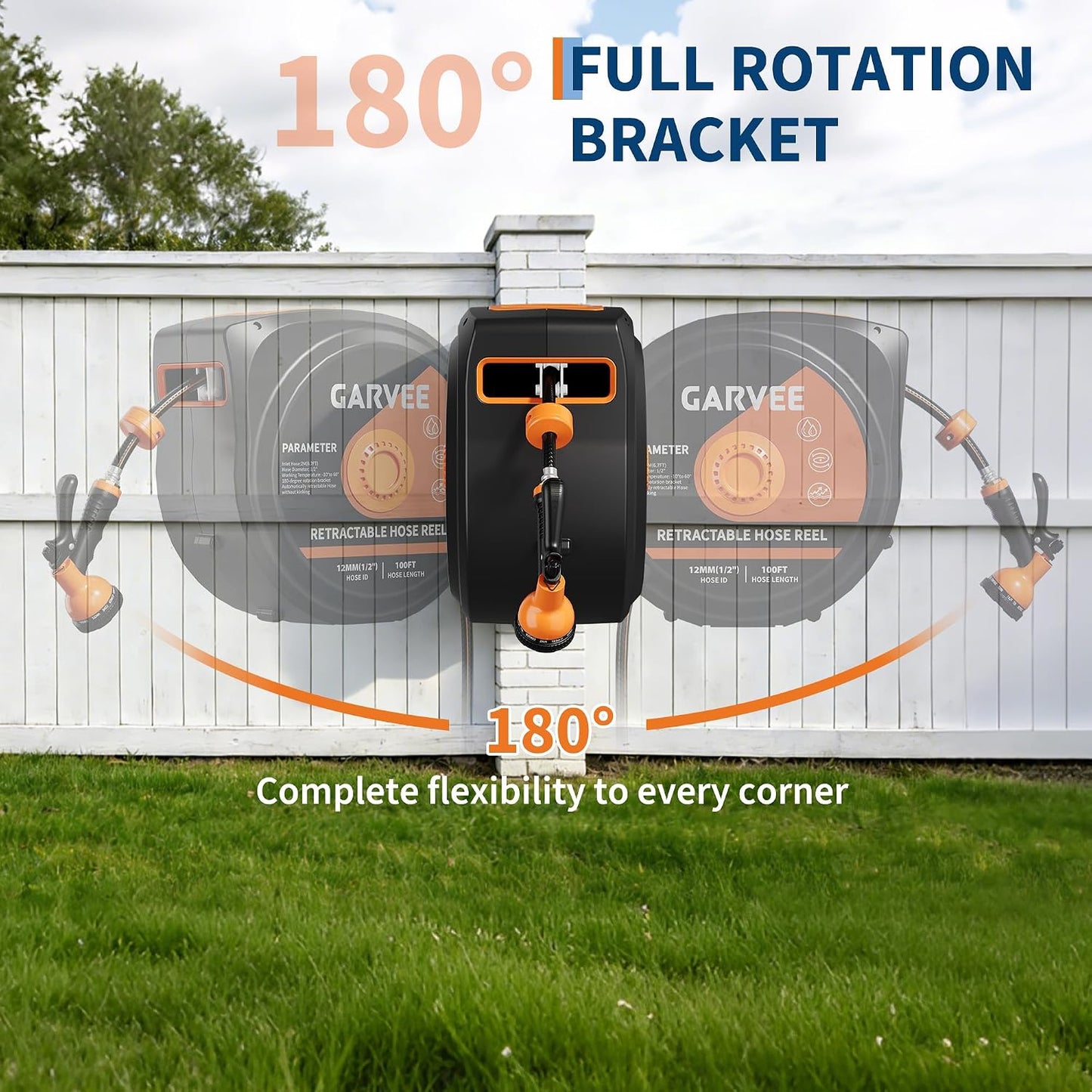 1/2 in x 72 ft Retractable Garden Hose Reel, Wall Mounted, 9-Function Nozzle, Any Length Lock, 180° Swivel, Auto Slow Rewind for Watering Lawn, Washing Car, Cleaning Patio