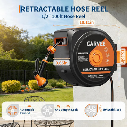 1/2 in x 72 ft Retractable Garden Hose Reel, Wall Mounted, 9-Function Nozzle, Any Length Lock, 180° Swivel, Auto Slow Rewind for Watering Lawn, Washing Car, Cleaning Patio