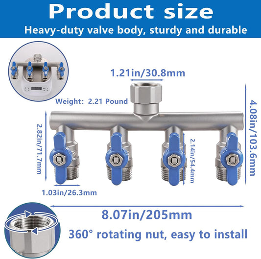 304 Stainless Steel Garden Hose Splitter 4 Way Heavy Duty, Full Flow T Valve Water Hose Splitter With 2.1" Extra Long Handle, Lead-free，3/4" GHT Thread Connector For Outdoor Spigot Faucet
