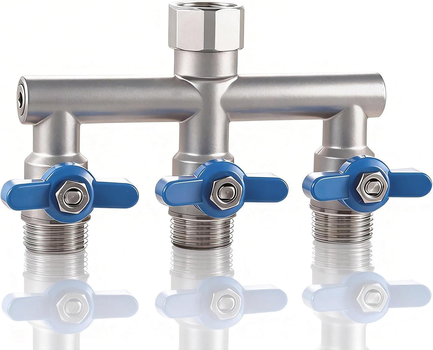 304 Stainless Steel Garden Hose Splitter 4 Way Heavy Duty, Full Flow T Valve Water Hose Splitter With 2.1" Extra Long Handle, Lead-free，3/4" GHT Thread Connector For Outdoor Spigot Faucet