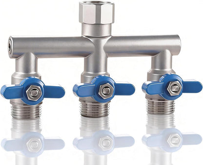304 Stainless Steel Garden Hose Splitter 4 Way Heavy Duty, Full Flow T Valve Water Hose Splitter With 2.1" Extra Long Handle, Lead-free，3/4" GHT Thread Connector For Outdoor Spigot Faucet