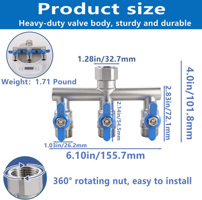 304 Stainless Steel Garden Hose Splitter 4 Way Heavy Duty, Full Flow T Valve Water Hose Splitter With 2.1" Extra Long Handle, Lead-free，3/4" GHT Thread Connector For Outdoor Spigot Faucet