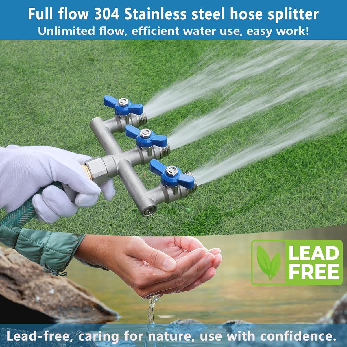 304 Stainless Steel Garden Hose Splitter 4 Way Heavy Duty, Full Flow T Valve Water Hose Splitter With 2.1" Extra Long Handle, Lead-free，3/4" GHT Thread Connector For Outdoor Spigot Faucet