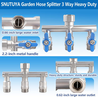 304 Stainless Steel Garden Hose Splitter 4 Way Heavy Duty, Full Flow T Valve Water Hose Splitter With 2.1" Extra Long Handle, Lead-free，3/4" GHT Thread Connector For Outdoor Spigot Faucet