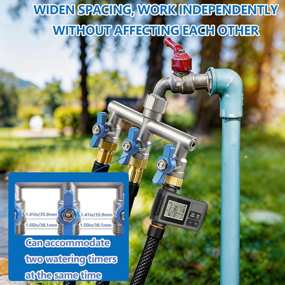 304 Stainless Steel Garden Hose Splitter 4 Way Heavy Duty, Full Flow T Valve Water Hose Splitter With 2.1" Extra Long Handle, Lead-free，3/4" GHT Thread Connector For Outdoor Spigot Faucet