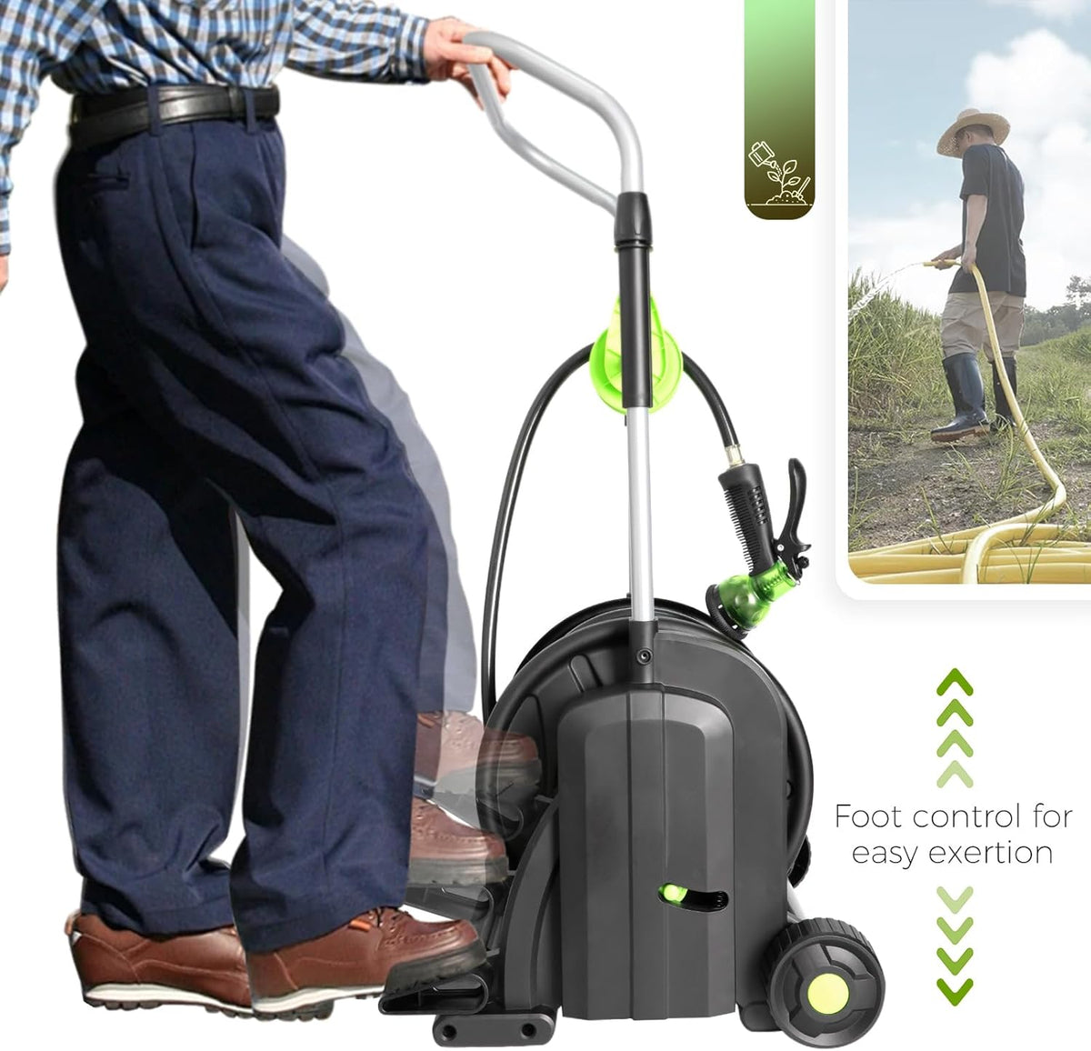 Pedal Hose Reel Cart with 82 ft of 1/2" Hose, Portable Water Hose Reel with Wheels, Mobile Tools for Outside, , Yard, Lawn