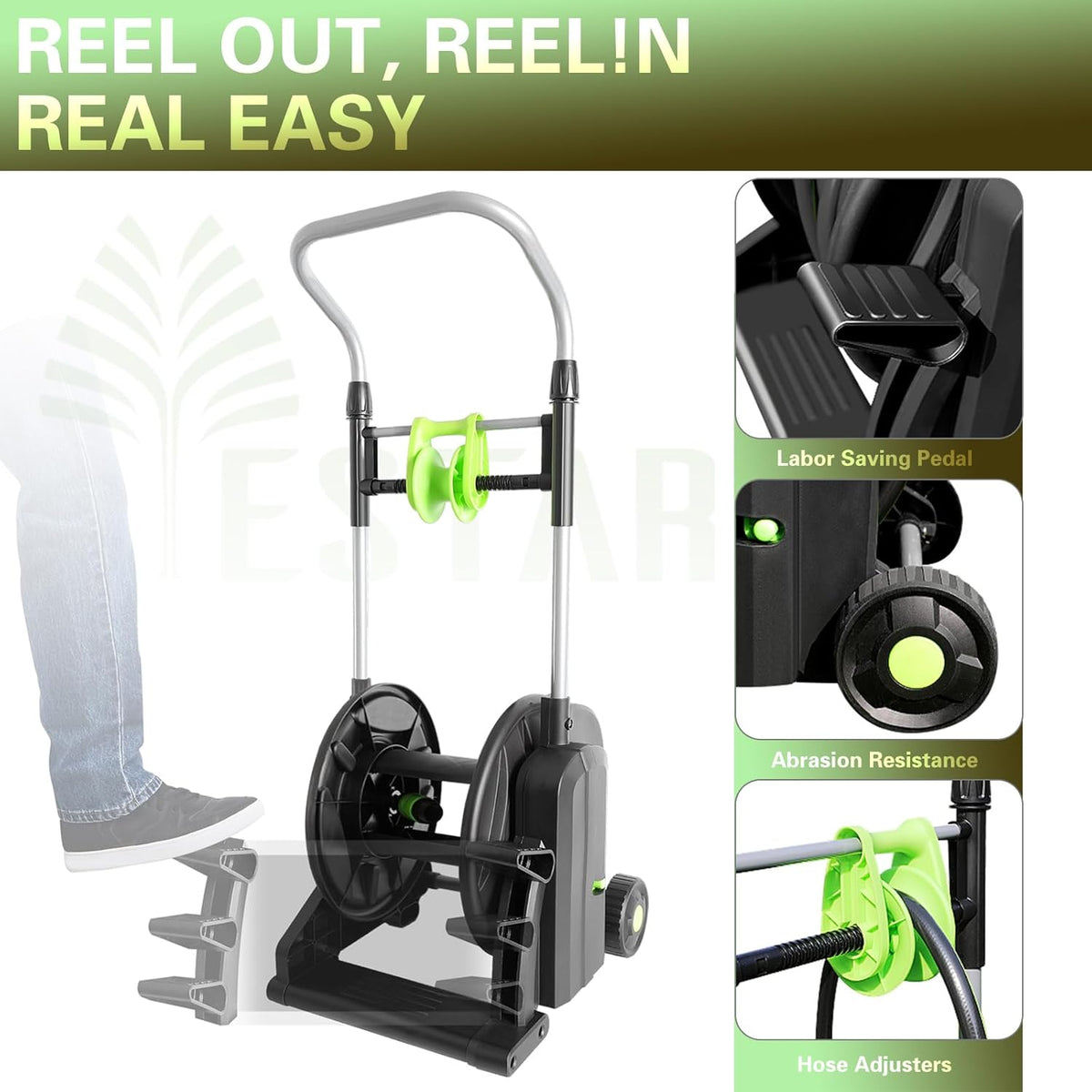 Pedal Hose Reel Cart with 82 ft of 1/2" Hose, Portable Water Hose Reel with Wheels, Mobile Tools for Outside, , Yard, Lawn