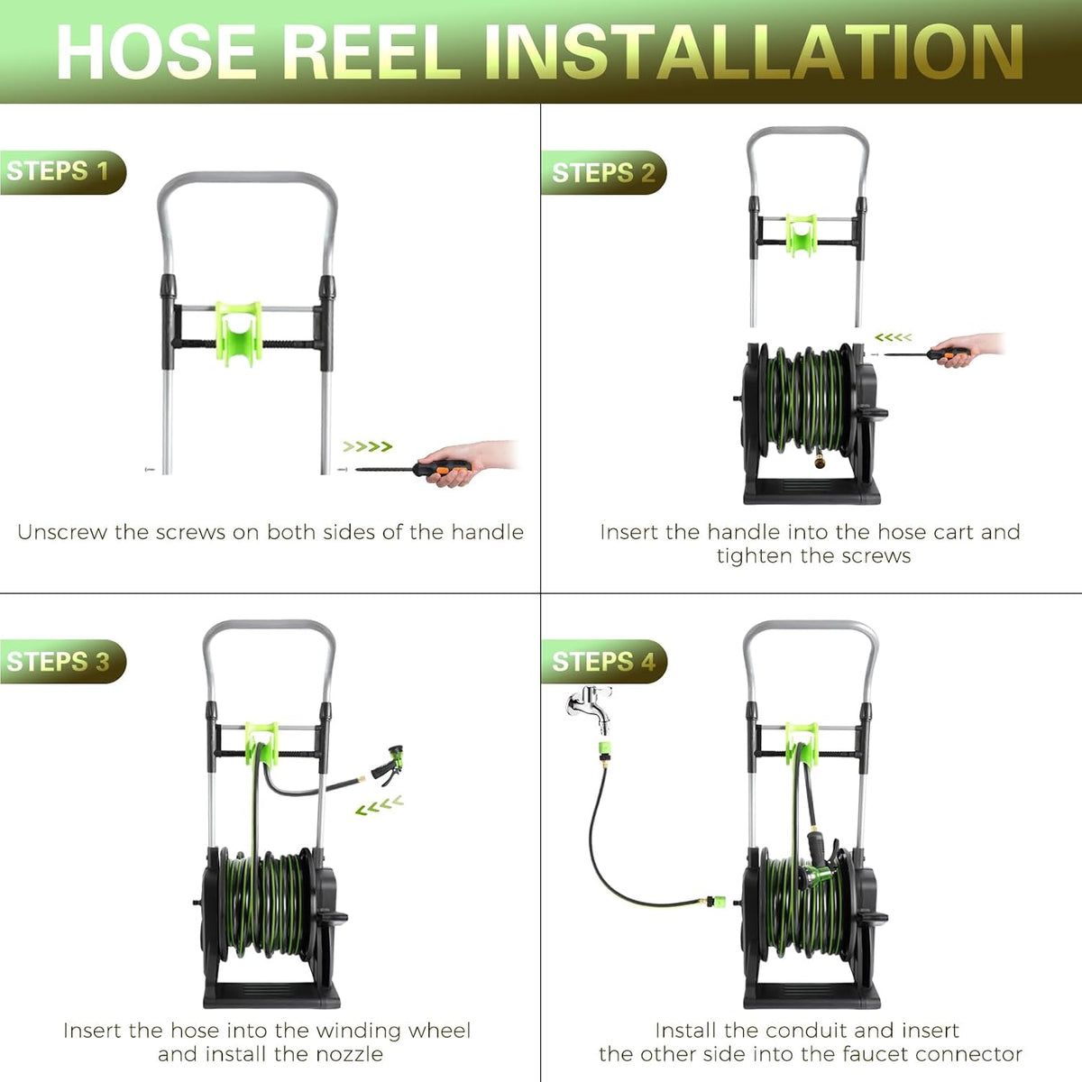Pedal Hose Reel Cart with 82 ft of 1/2" Hose, Portable Water Hose Reel with Wheels, Mobile Tools for Outside, , Yard, Lawn