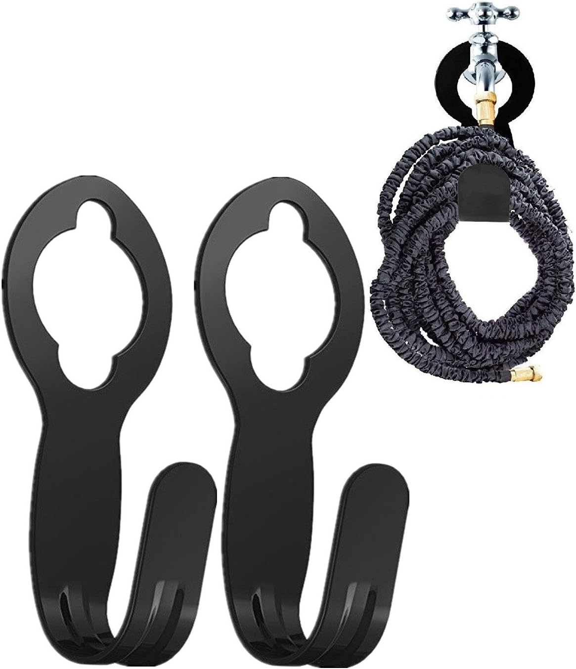 2 Pack Garden Hose Hanger Wall Mount Hose Holder Hook Fit to 25 50 75 100foot Hose (ABS Plastic, Black)
