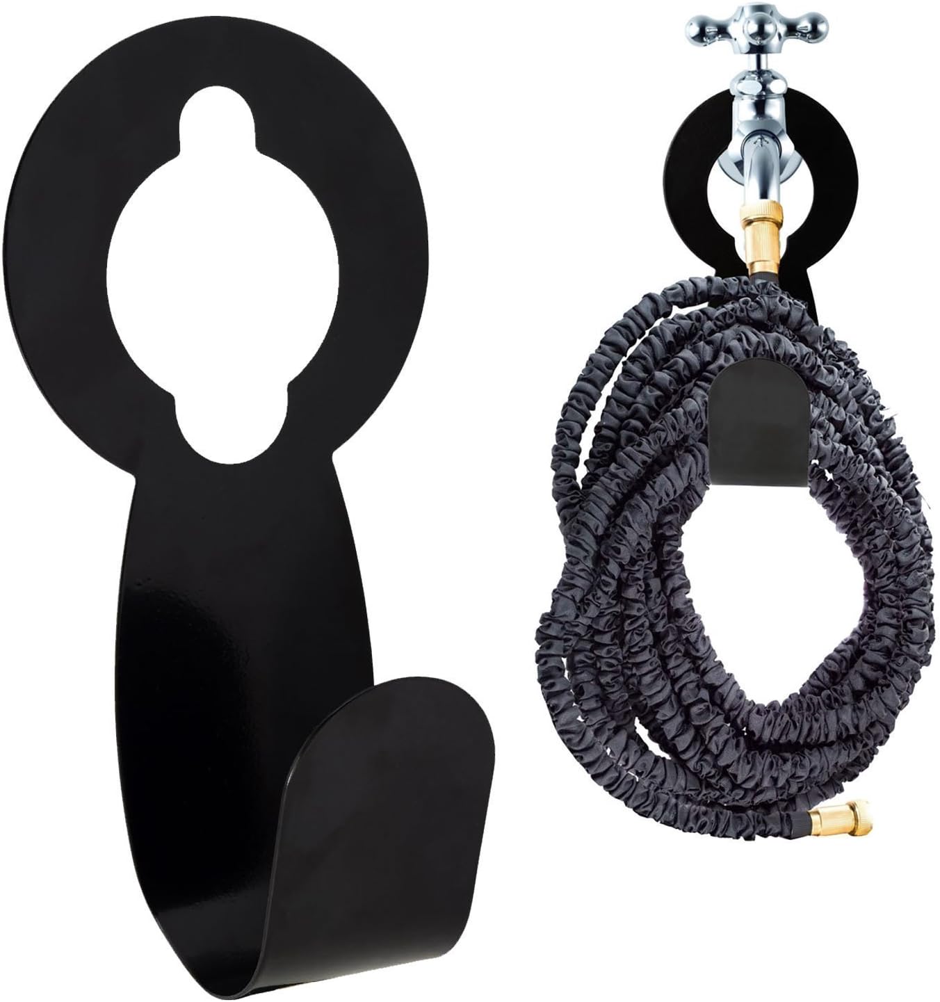 2 Pack Garden Hose Hanger Wall Mount Hose Holder Hook Fit to 25 50 75 100foot Hose (ABS Plastic, Black)