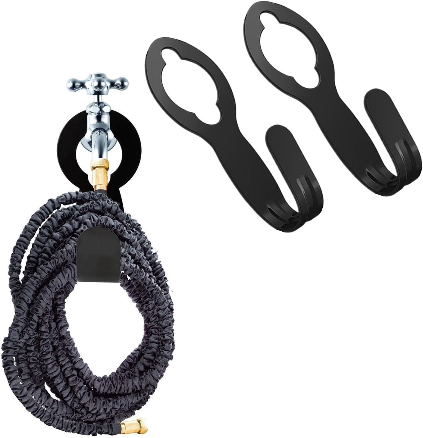 2 Pack Garden Hose Hanger Wall Mount Hose Holder Hook Fit to 25 50 75 100foot Hose (ABS Plastic, Black)