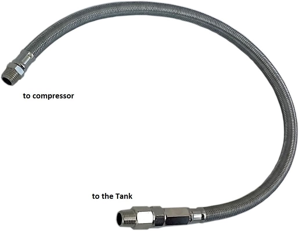 22" Stainless Steel Air Leader Hose w/Check Valve, 1/8"npt compressor to 1/4"npt check