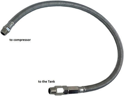 22" Stainless Steel Air Leader Hose w/Check Valve, 1/8"npt compressor to 1/4"npt check