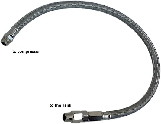 22" Stainless Steel Air Leader Hose w/Check Valve, 1/8"npt compressor to 1/4"npt check