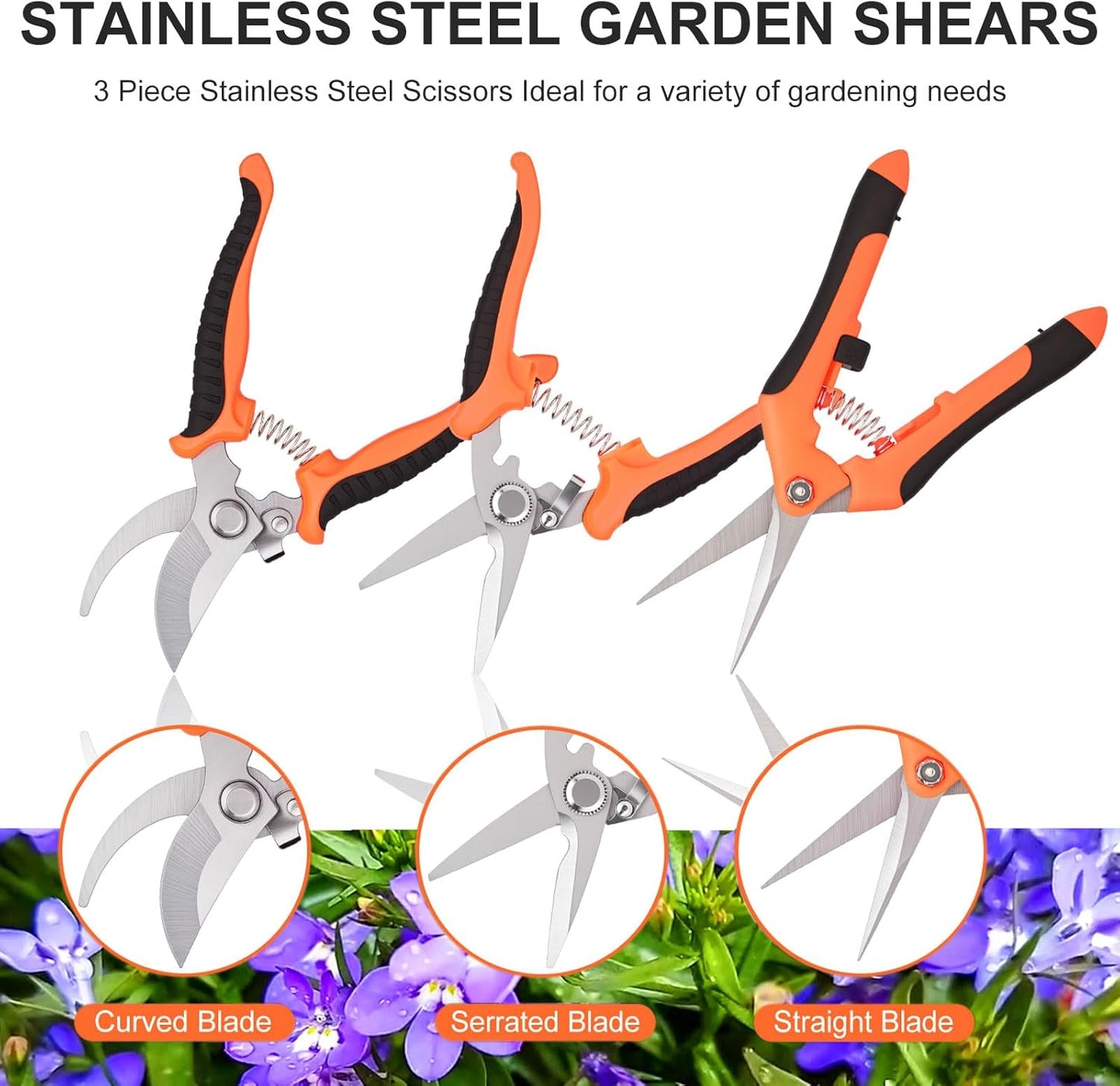 3 Pcs Garden Pruning Shears, Stainless Steel Gardening Scissors