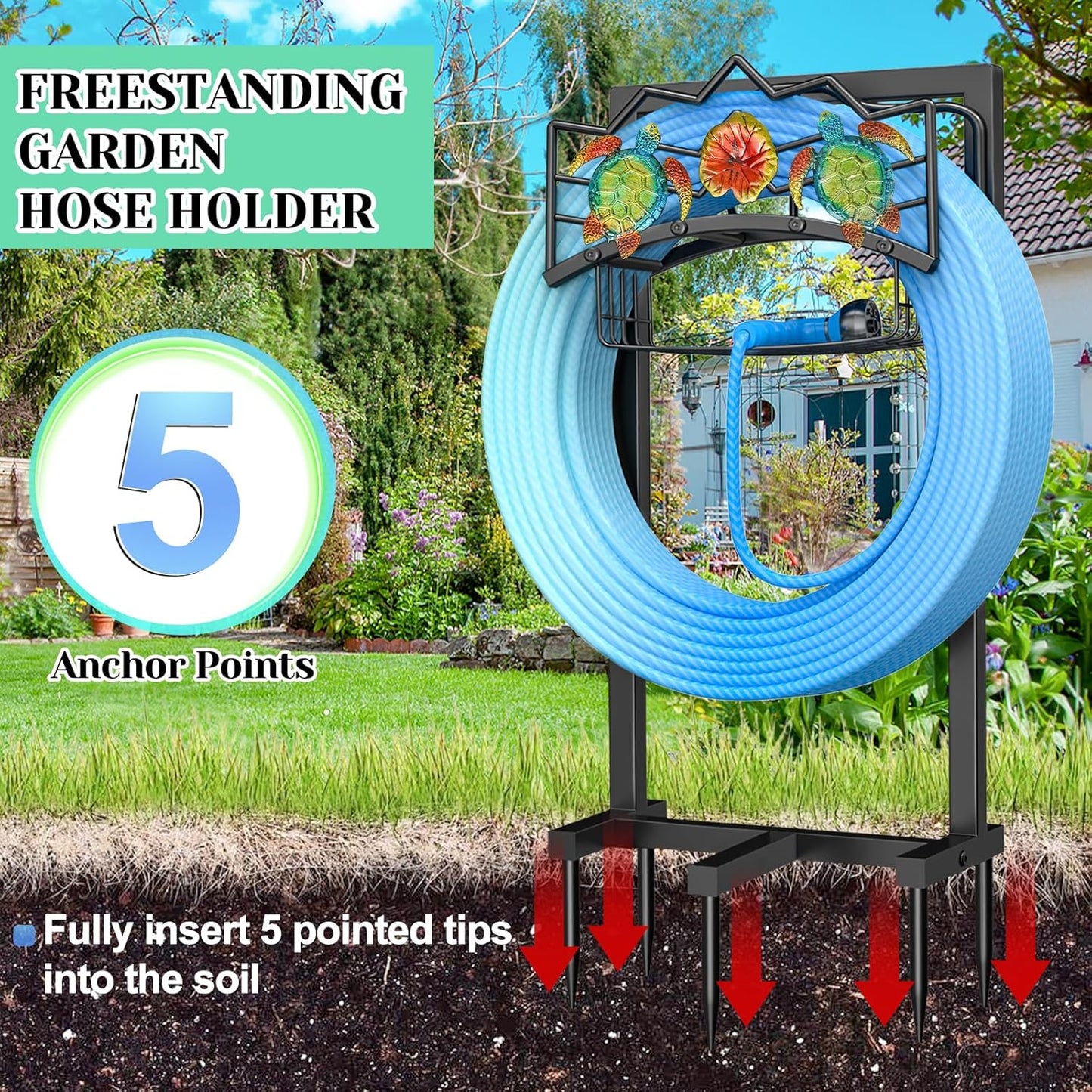 Garden Water Hose Holder 5 Spikes, Freestanding Hose Stand for Outside Yard