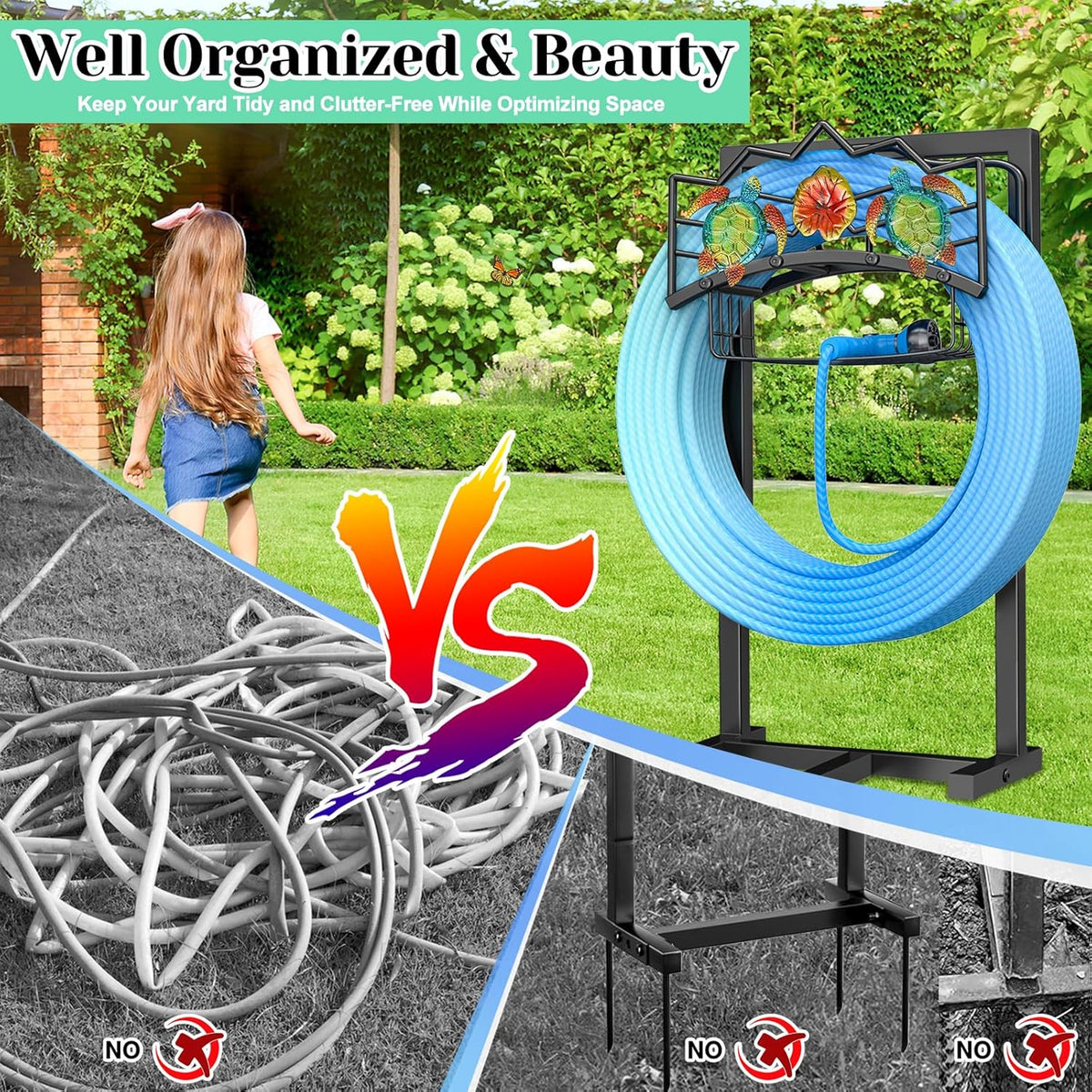 Garden Water Hose Holder 5 Spikes, Freestanding Hose Stand for Outside Yard
