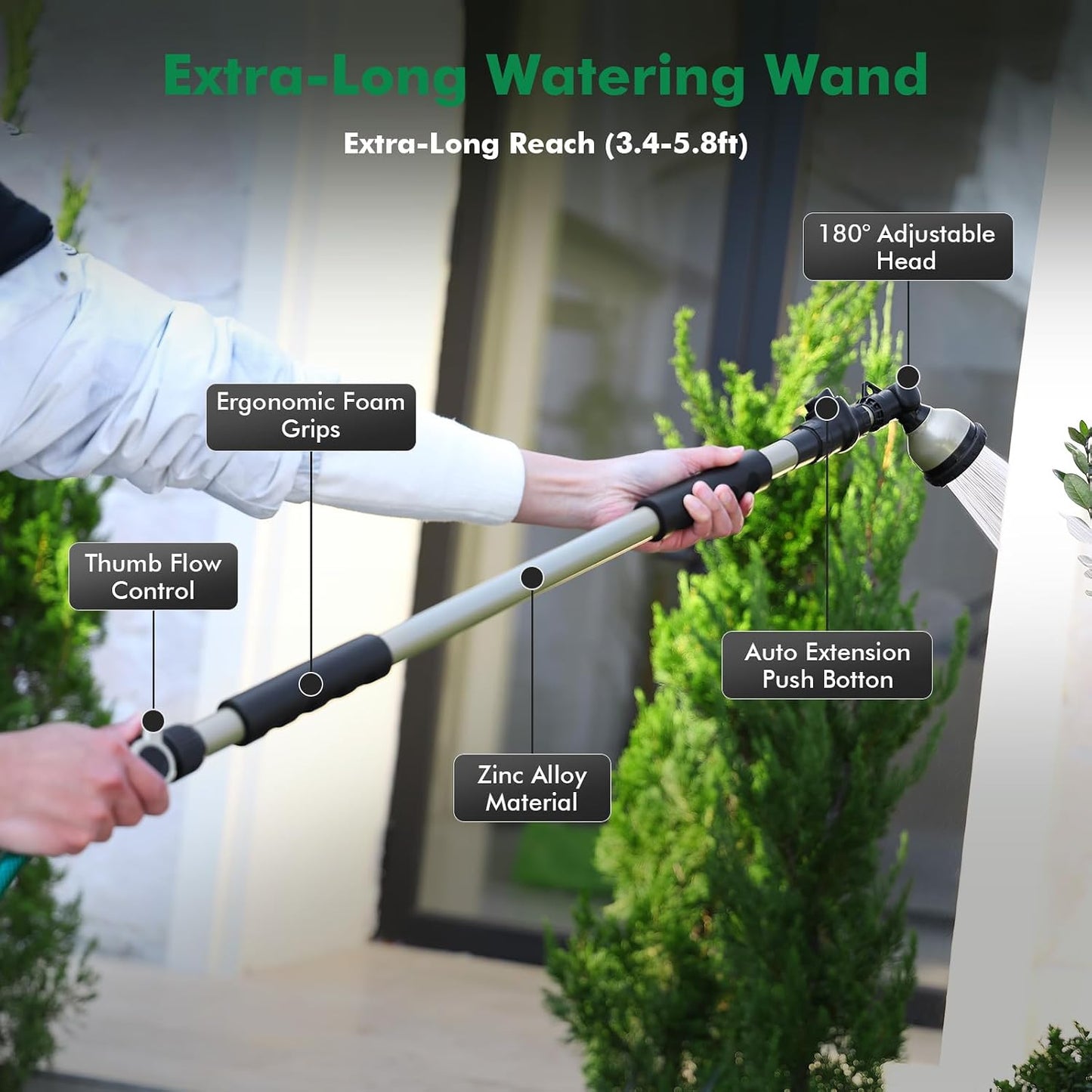 Extra Long All Metal Telescoping Watering Wand, 40-70” Garden Wand