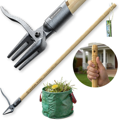 Stand Up Weeding Tool, 4-Claw Steel Head, Non-Slip Bamboo Handle