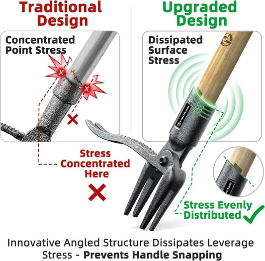 Stand Up Weeding Tool, 4-Claw Steel Head, Non-Slip Bamboo Handle
