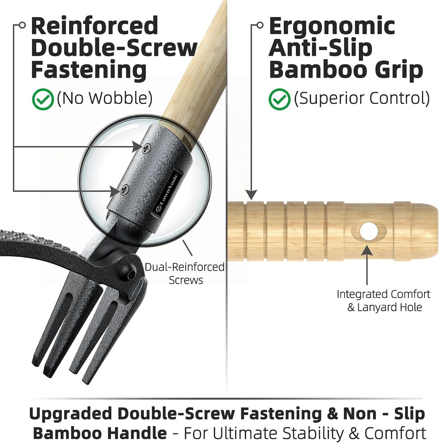 Stand Up Weeding Tool, 4-Claw Steel Head, Non-Slip Bamboo Handle