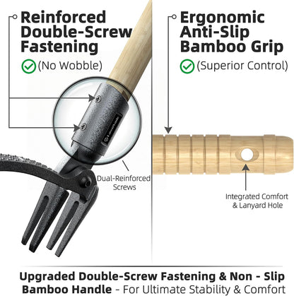 Stand Up Weeding Tool, 4-Claw Steel Head, Non-Slip Bamboo Handle