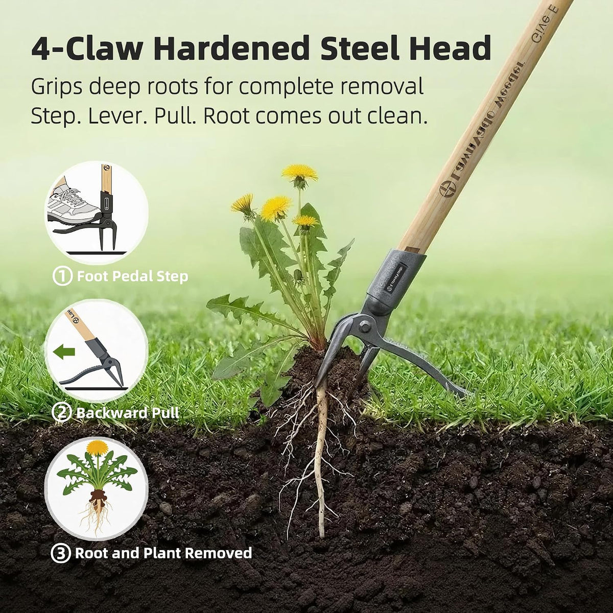 Stand Up Weeding Tool, 4-Claw Steel Head, Non-Slip Bamboo Handle