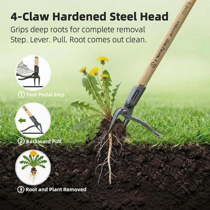 Stand Up Weeding Tool, 4-Claw Steel Head, Non-Slip Bamboo Handle