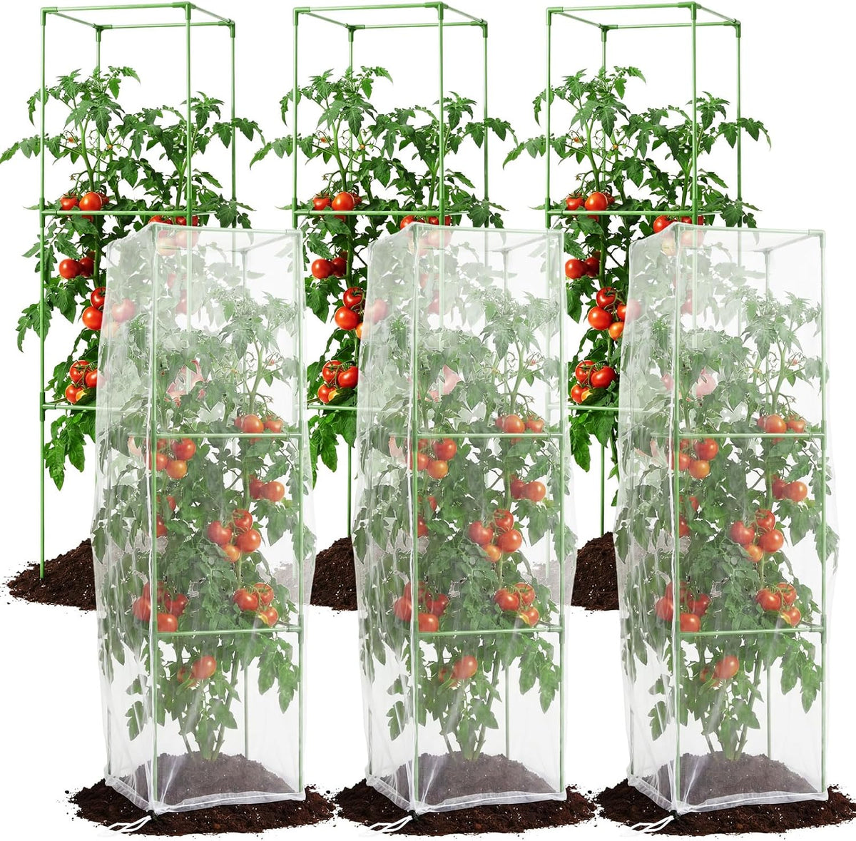 3 Pack Square Tomato Cages with 3 Pcs Zippered Plant Netting Covers, 48.5 in Adjustable 3-Tier Tomato Plants Trellis, Drawstring Plant Protection for Climbing Vegetables, Fruit, Flowers