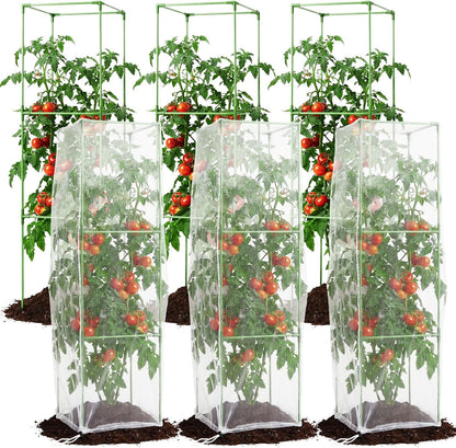 3 Pack Square Tomato Cages with 3 Pcs Zippered Plant Netting Covers, 48.5 in Adjustable 3-Tier Tomato Plants Trellis, Drawstring Plant Protection for Climbing Vegetables, Fruit, Flowers