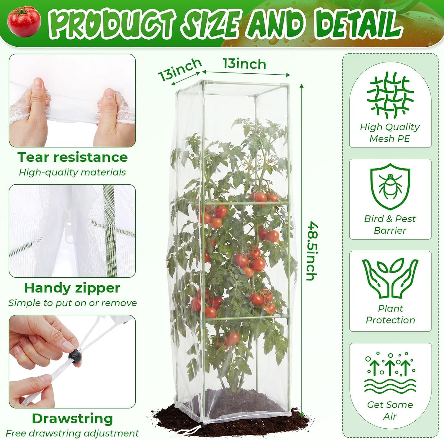 3 Pack Square Tomato Cages with 3 Pcs Zippered Plant Netting Covers, 48.5 in Adjustable 3-Tier Tomato Plants Trellis, Drawstring Plant Protection for Climbing Vegetables, Fruit, Flowers