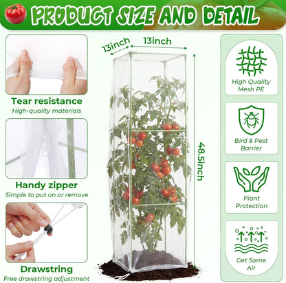 3 Pack Square Tomato Cages with 3 Pcs Zippered Plant Netting Covers, 48.5 in Adjustable 3-Tier Tomato Plants Trellis, Drawstring Plant Protection for Climbing Vegetables, Fruit, Flowers