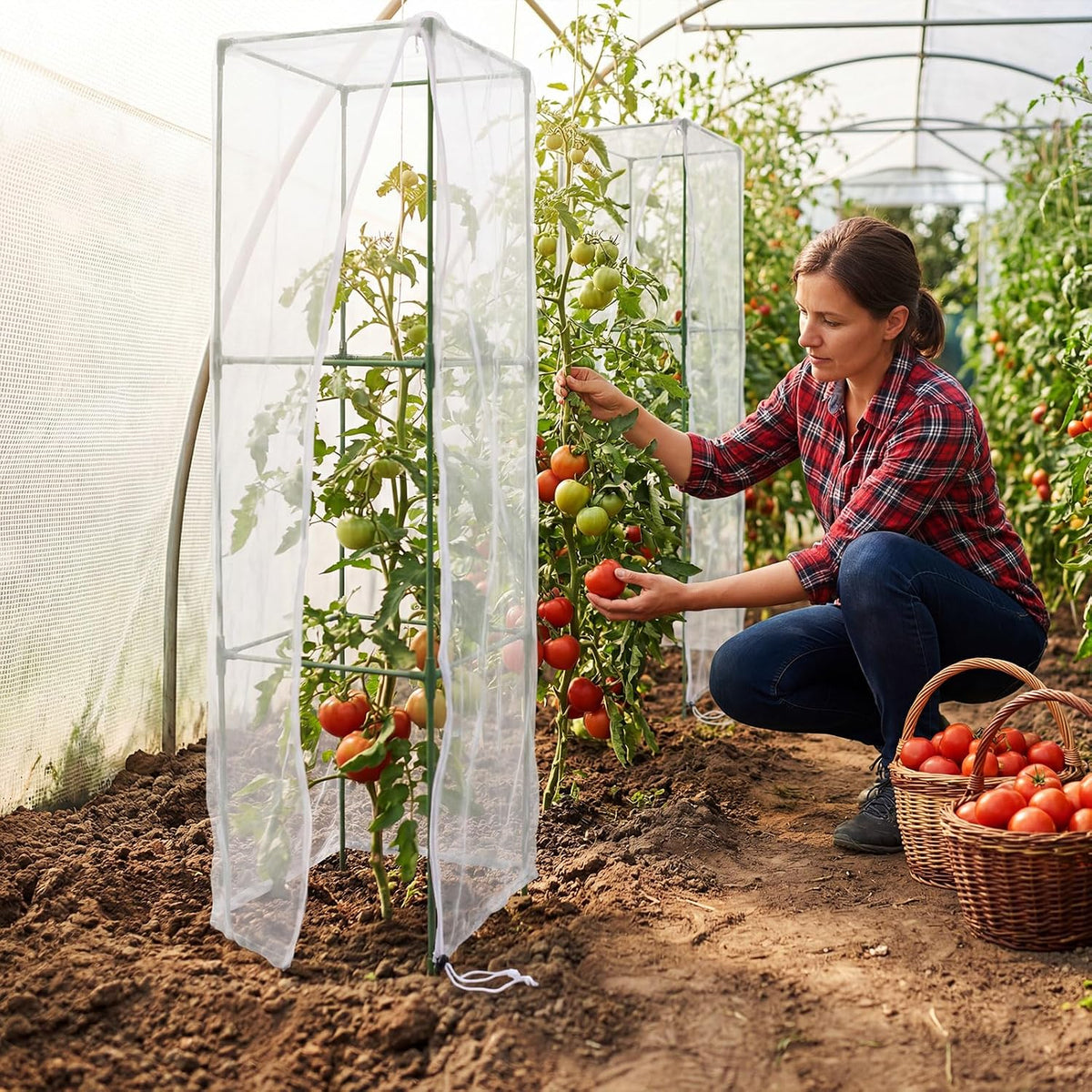 3 Pack Square Tomato Cages with 3 Pcs Zippered Plant Netting Covers, 48.5 in Adjustable 3-Tier Tomato Plants Trellis, Drawstring Plant Protection for Climbing Vegetables, Fruit, Flowers