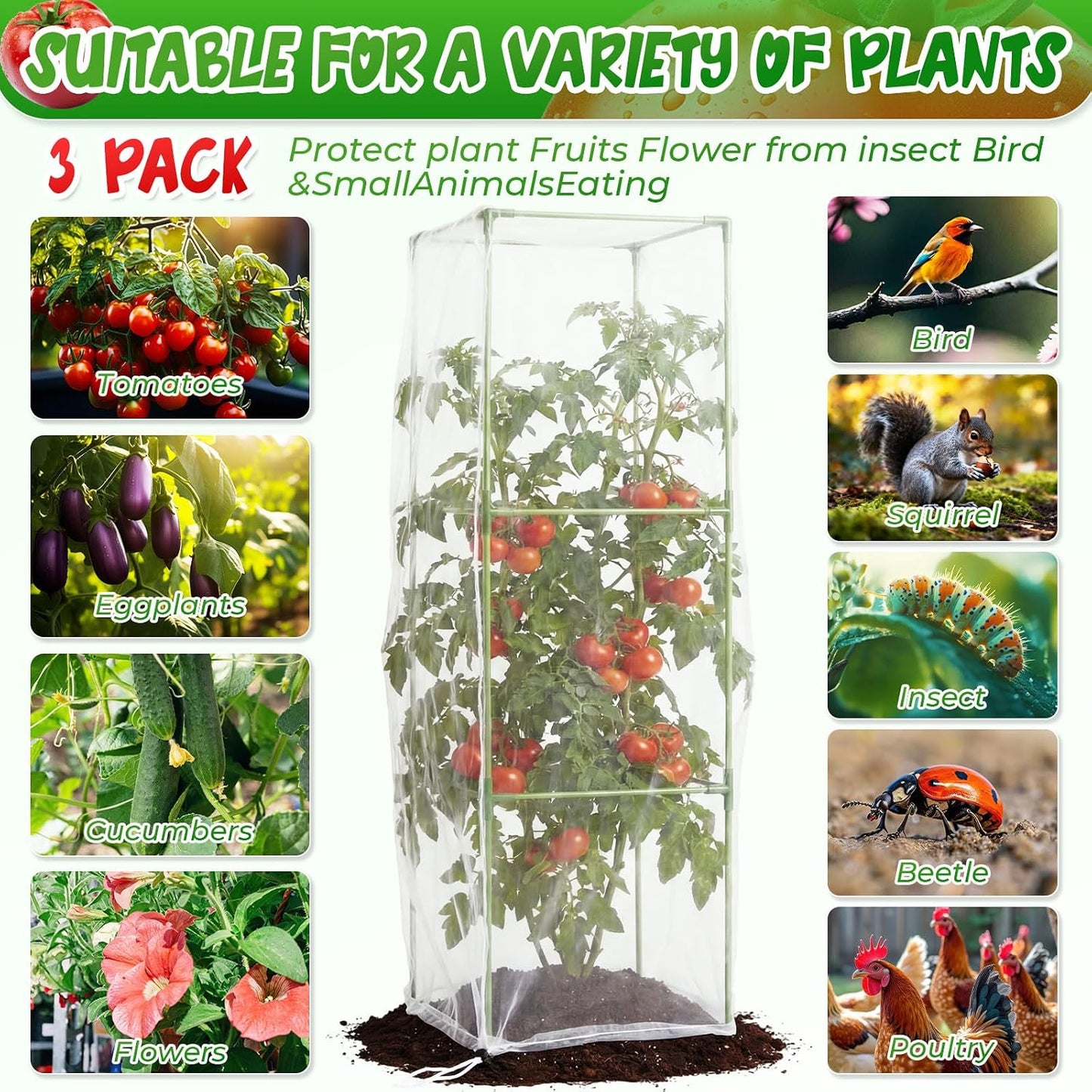 3 Pack Square Tomato Cages with 3 Pcs Zippered Plant Netting Covers, 48.5 in Adjustable 3-Tier Tomato Plants Trellis, Drawstring Plant Protection for Climbing Vegetables, Fruit, Flowers