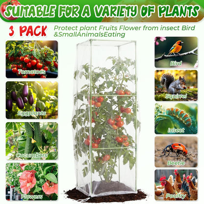 3 Pack Square Tomato Cages with 3 Pcs Zippered Plant Netting Covers, 48.5 in Adjustable 3-Tier Tomato Plants Trellis, Drawstring Plant Protection for Climbing Vegetables, Fruit, Flowers