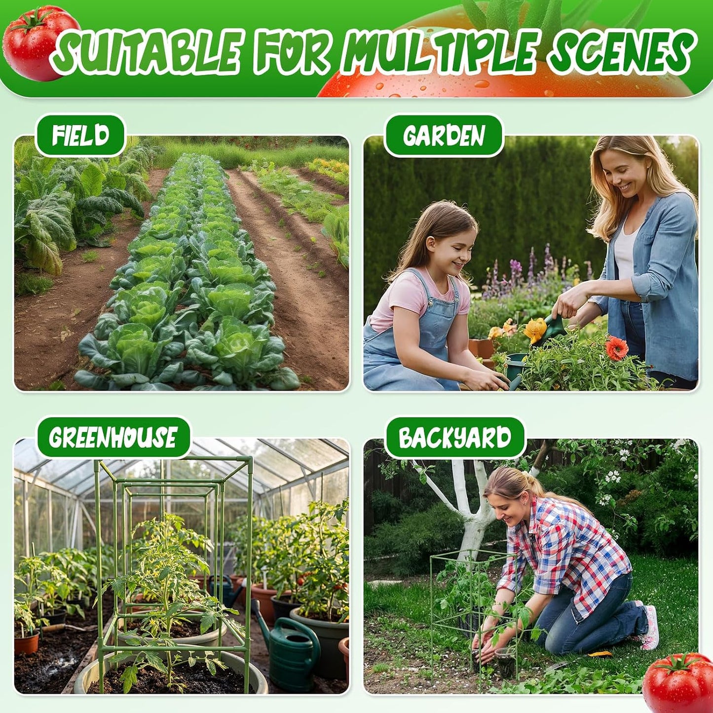 3 Pack Square Tomato Cages with 3 Pcs Zippered Plant Netting Covers, 48.5 in Adjustable 3-Tier Tomato Plants Trellis, Drawstring Plant Protection for Climbing Vegetables, Fruit, Flowers