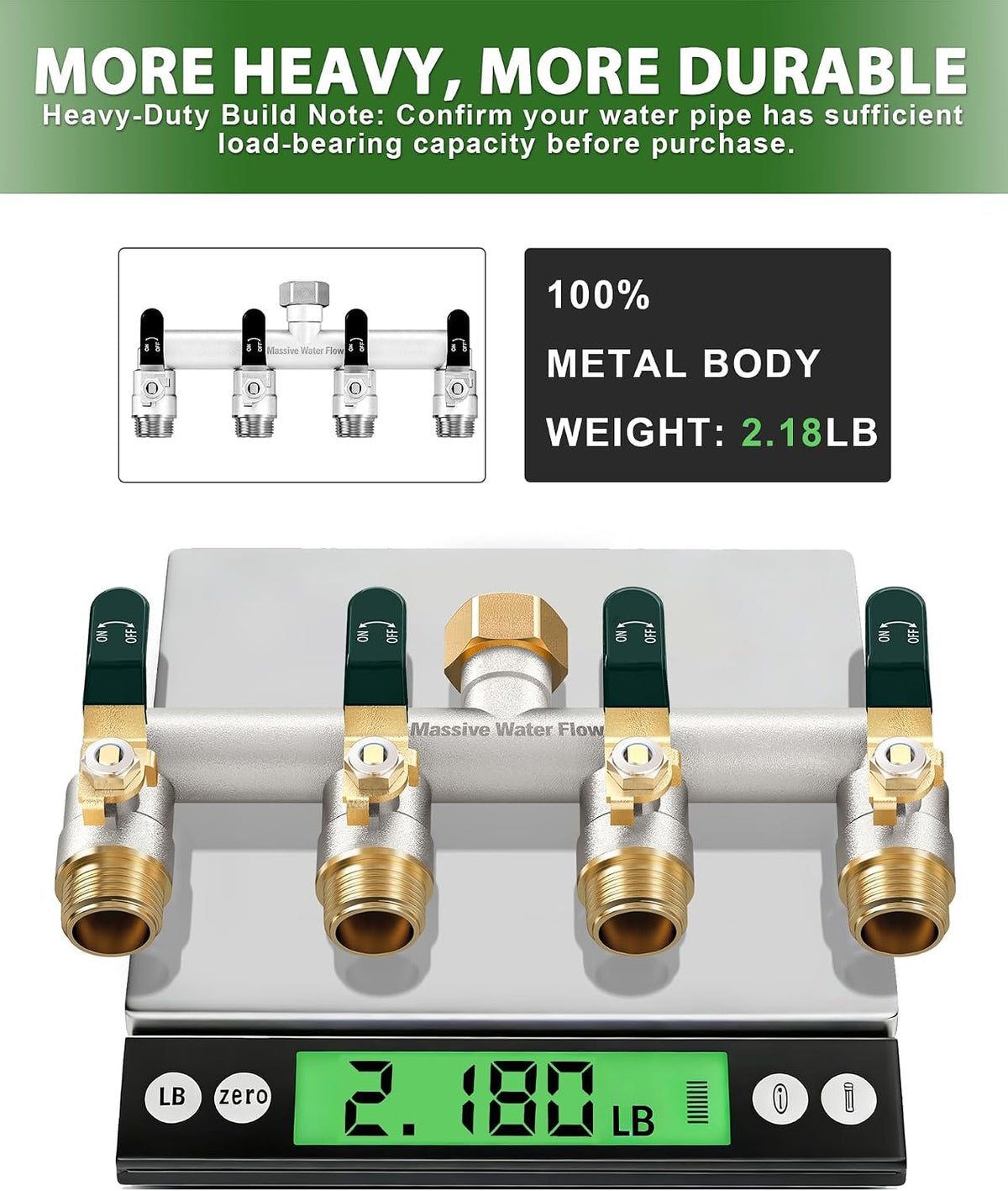 4 Way Hose Splitter, Heavy Duty Full Flow Garden Hose Splitter with 4 Large Metal Handles, Brass Water Hose Bib Splitter, T Adapter Connector with 3/4 - Inch GHT Thread (Green)