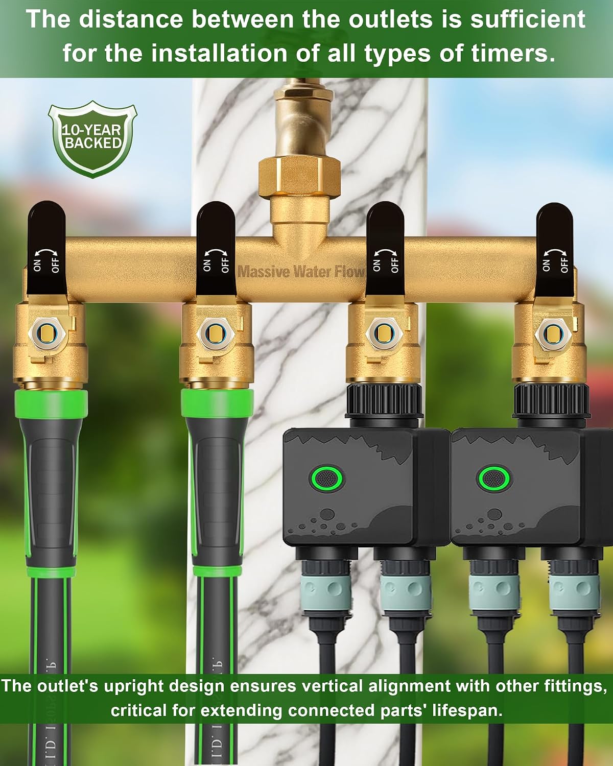 4 Way Hose Splitter, Heavy Duty Full Flow Garden Hose Splitter with 4 Large Metal Handles, Brass Water Hose Bib Splitter, T Adapter Connector with 3/4 - Inch GHT Thread (Green)