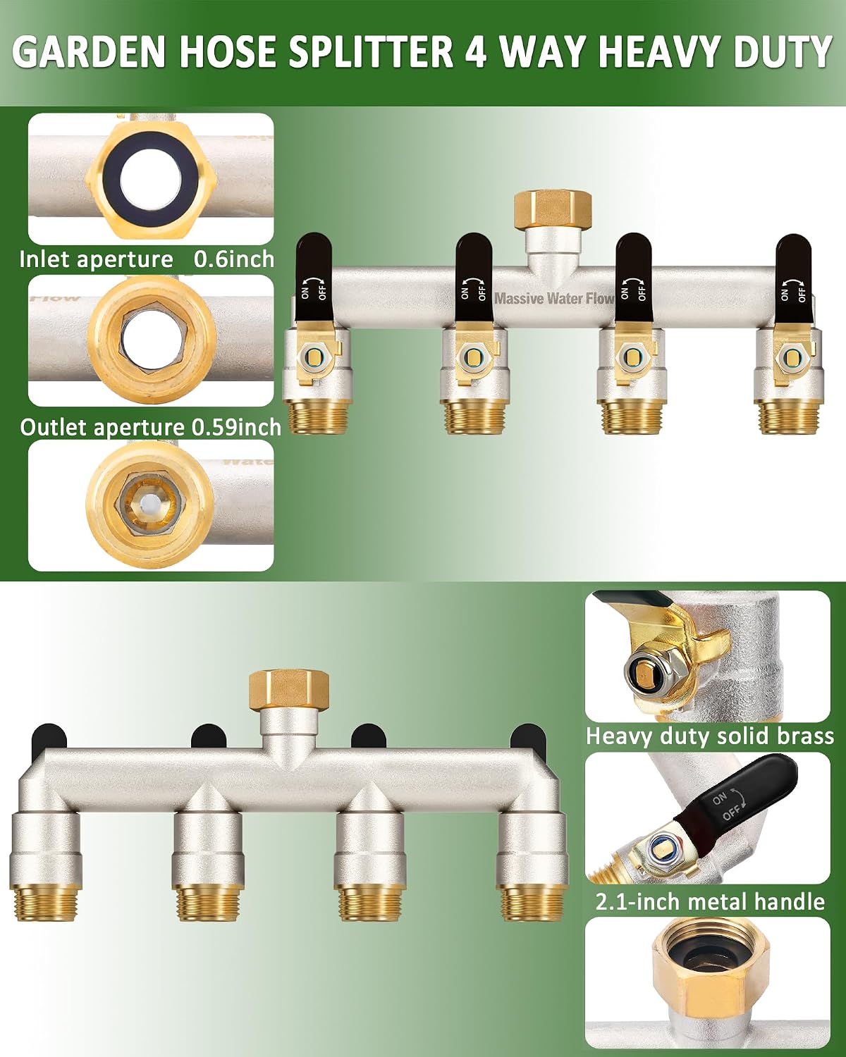 4 Way Hose Splitter, Heavy Duty Full Flow Garden Hose Splitter with 4 Large Metal Handles, Brass Water Hose Bib Splitter, T Adapter Connector with 3/4 - Inch GHT Thread (Green)