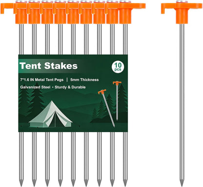 Heavy Duty Tent Stakes 7 Inch, 10 Pack Galvanized Steel Camping Pegs, Ground Anchors for Tents, Canopy and Tarp, Rust Resistant Metal Stakes with High Visibility Orange Heads for Outdoor