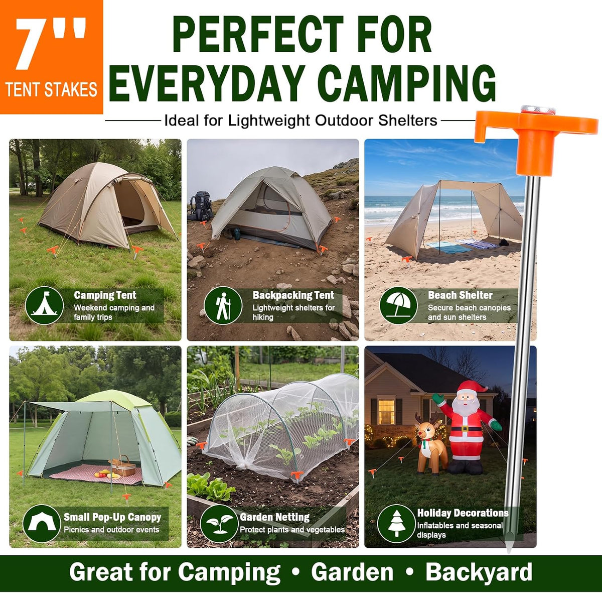 Heavy Duty Tent Stakes 7 Inch, 10 Pack Galvanized Steel Camping Pegs, Ground Anchors for Tents, Canopy and Tarp, Rust Resistant Metal Stakes with High Visibility Orange Heads for Outdoor