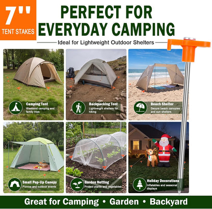 Heavy Duty Tent Stakes 7 Inch, 10 Pack Galvanized Steel Camping Pegs, Ground Anchors for Tents, Canopy and Tarp, Rust Resistant Metal Stakes with High Visibility Orange Heads for Outdoor
