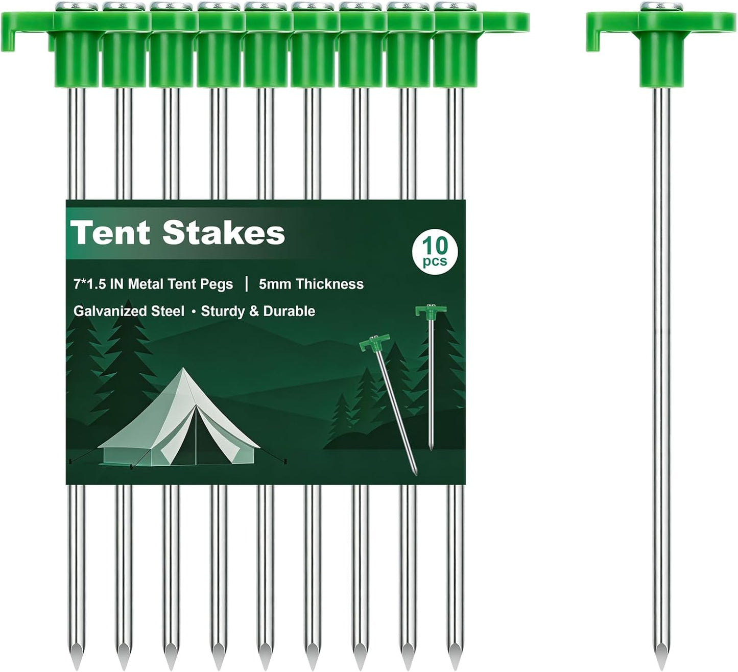 Heavy Duty Tent Stakes 7 Inch, 10 Pack Galvanized Steel Camping Pegs, Ground Anchors for Tents, Canopy and Tarp, Rust Resistant Metal Stakes with High Visibility Orange Heads for Outdoor