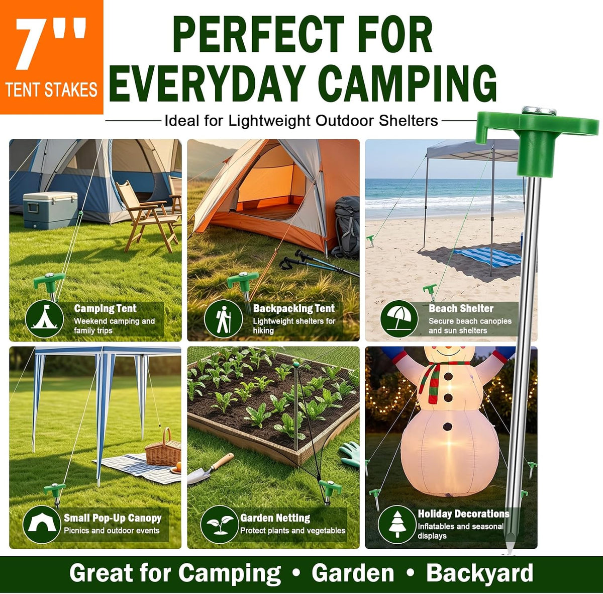 Heavy Duty Tent Stakes 7 Inch, 10 Pack Galvanized Steel Camping Pegs, Ground Anchors for Tents, Canopy and Tarp, Rust Resistant Metal Stakes with High Visibility Orange Heads for Outdoor